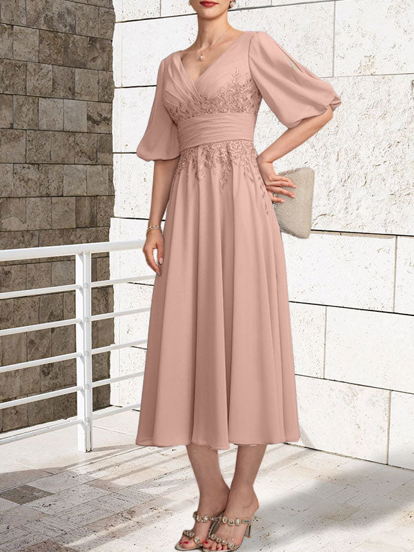 A-line V-Neck Tea-Length Lace Chiffon Mother of the Bride Dress With Pleated