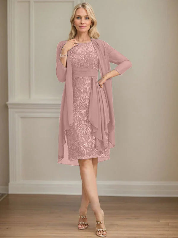 Etui/Säulenförmiges Kleid mit Illusion, knielang, aus Spitze und Chiffon, Brautmutterkleid mit herabfließenden Rüschen und Pailletten