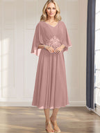 A-line V-Neck Tea-Length Chiffon Mother of the Bride Dress With Pleated Sequins Appliques Lace Beadind
