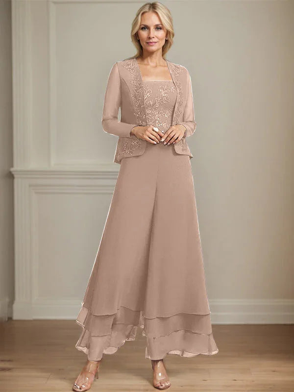 Getrennter Overall/Hosenanzug mit quadratischem Ausschnitt, knöchellang, aus Spitzenchiffon, Brautmutterkleid mit Pailletten