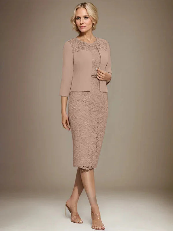 Vestido de madrina de novia de encaje de gasa con abalorios, corte columna y largo hasta la rodilla