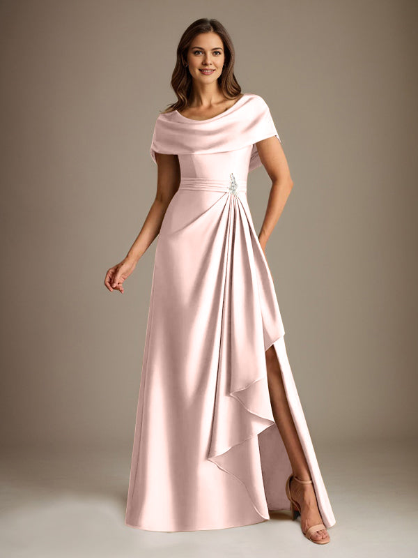 A-Line Scoop Floor-Length Stretch Satin Mother of the Bride Dress With Cascading Ruffles