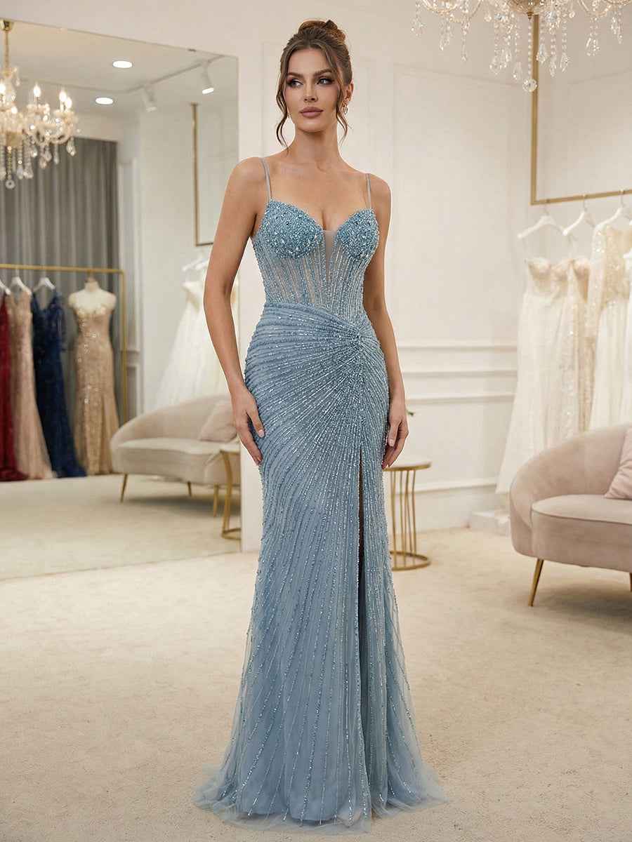 Dusty Blue Spaghetti Straps Beaded Corset Prom Dress With High Slit