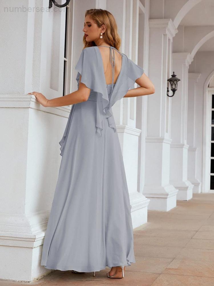 Chiffon Bridesmaid Dresses Long Formal Evening Prom Mother of The Bride Dress with Flutter Sleeve SEA28040