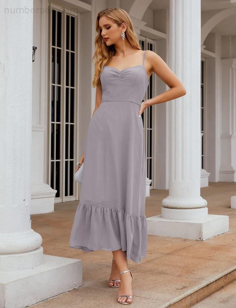 Numbersea Vestido de Dama de Honra em Chiffon com Alças Finas, Comprimento ao Tornozelo, Formal, Corte em A, para Cocktail e Festa de Regresso a Casa para Jovens SEA28028