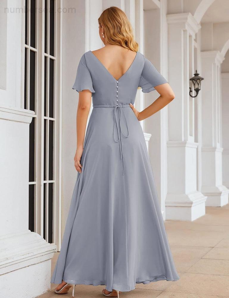 Wrap V-Neck Chiffon Bridesmaid Dresses Long Formal Maxi Evening Gown for Wedding Guests  SEA28049