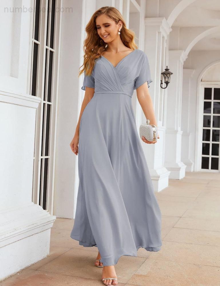Wrap V-Neck Chiffon Bridesmaid Dresses Long Formal Maxi Evening Gown for Wedding Guests  SEA28049