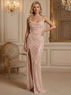 Silver Sequin Cowl Neck Ruched Long Prom Dress With High Slit