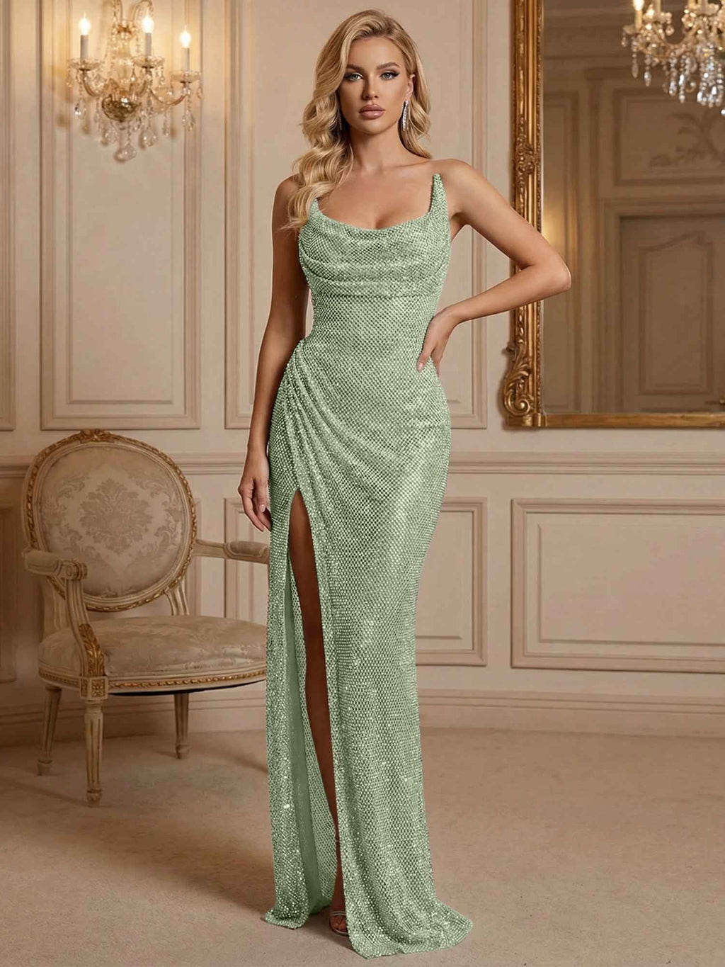 Silver Sequin Cowl Neck Ruched Long Prom Dress With High Slit