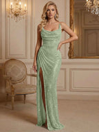 Silver Sequin Cowl Neck Ruched Long Prom Dress With High Slit