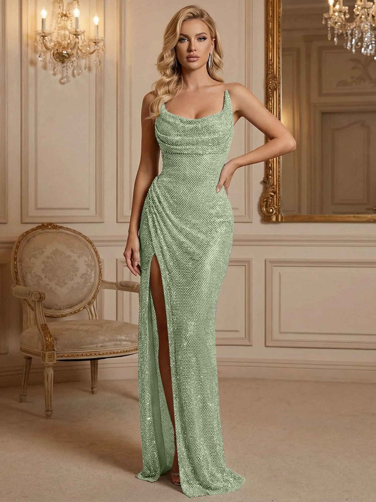 Silver Sequin Cowl Neck Ruched Long Prom Dress With High Slit