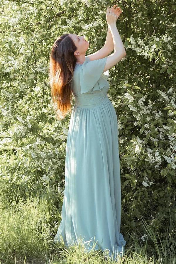Staubiger Salbei V-Ausschnitt Umstands-Brautjungfernkleid mit ausgestellten Ärmeln BD129