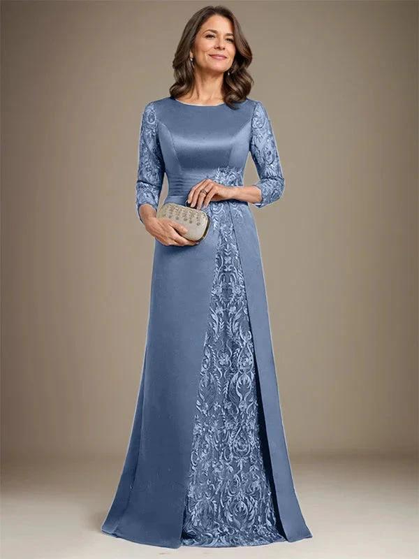 A-Line Scoop Floor-Length Lace Satin Mother Of the Bride Dress With Applique by Dreamylily