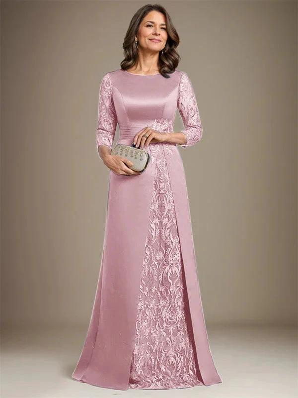 A-Line Scoop Floor-Length Lace Satin Mother Of the Bride Dress With Applique by Dreamylily