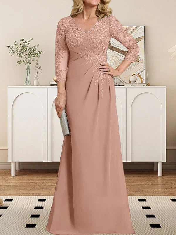 Vestido de madrina de novia con escote en V ilusión, corte columna, largo hasta el suelo, de encaje y gasa con lentejuelas plisadas