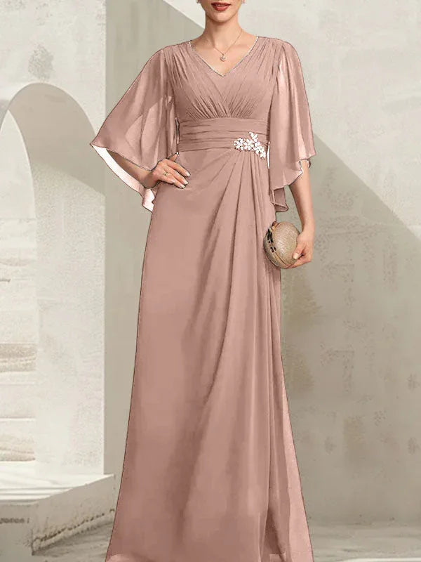 Vestido de madrina de novia de gasa largo hasta el suelo, corte columna y escote en V, con lentejuelas plisadas y abalorios
