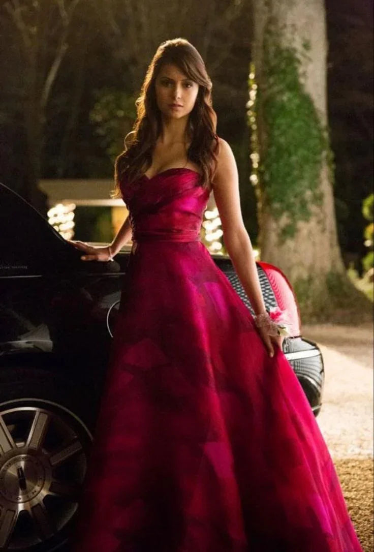 Vestido de Baile Longo em Linha A, Sem Alças, Cor Rosa Quente Bonita Y8397