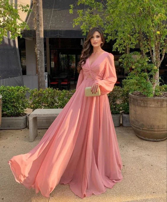 Vestido largo de manga larga para damas de honor campestres para mujer, vestido de noche de gasa con escote en V Y7208