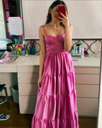Vestido longo modesto de noite com alças finas em linha A Y4283