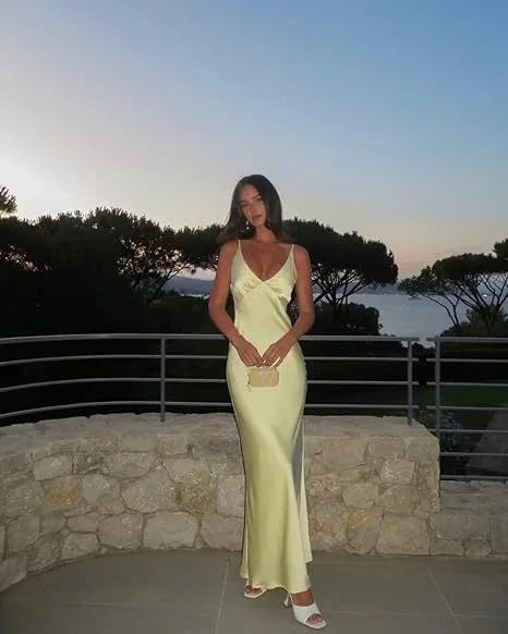 Vestido de Cetim Amarelo com Decote em V Sexy, Vestido Longo de Gala Y7882