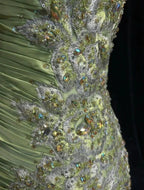 Vestido de Festa Longo Vintage Verde Sereia em Cetim com Lantejoulas e Contas, Alças Finas Y8556