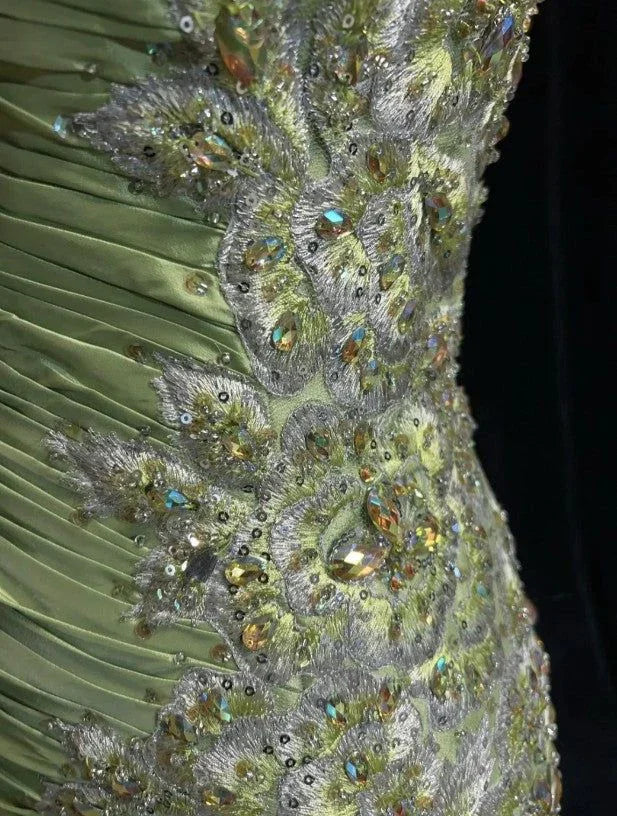Vestido de Festa Longo Vintage Verde Sereia em Cetim com Lantejoulas e Contas, Alças Finas Y8556