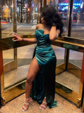 Vestido de noite elegante em cetim verde, vestido de noite verde Y4102