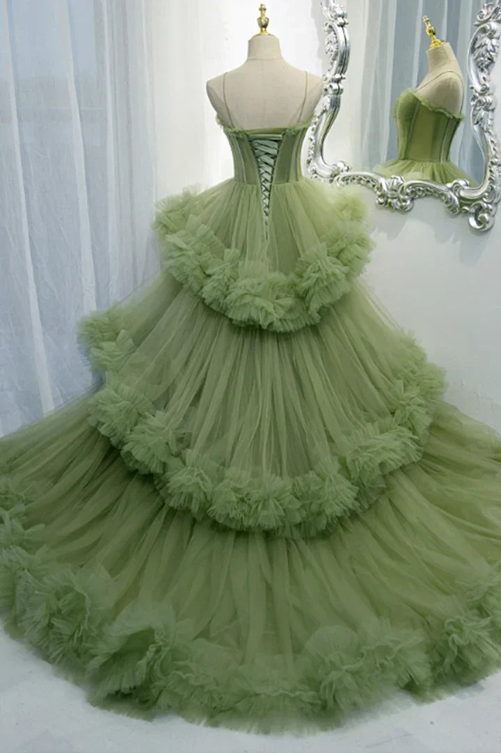 Vestidos largos de tul verde para baile de graduación, vestidos formales de noche en línea A Y2029
