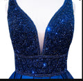 Robe longue de soirée pour femme bleu marine col en V sans manches dos ouvert ornée de perles robe de soirée formelle Y1193
