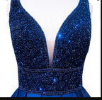 Robe longue de soirée pour femme bleu marine col en V sans manches dos ouvert ornée de perles robe de soirée formelle Y1193