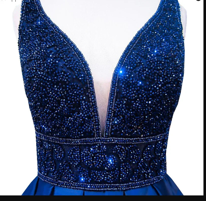 Robe longue de soirée pour femme bleu marine col en V sans manches dos ouvert ornée de perles robe de soirée formelle Y1193