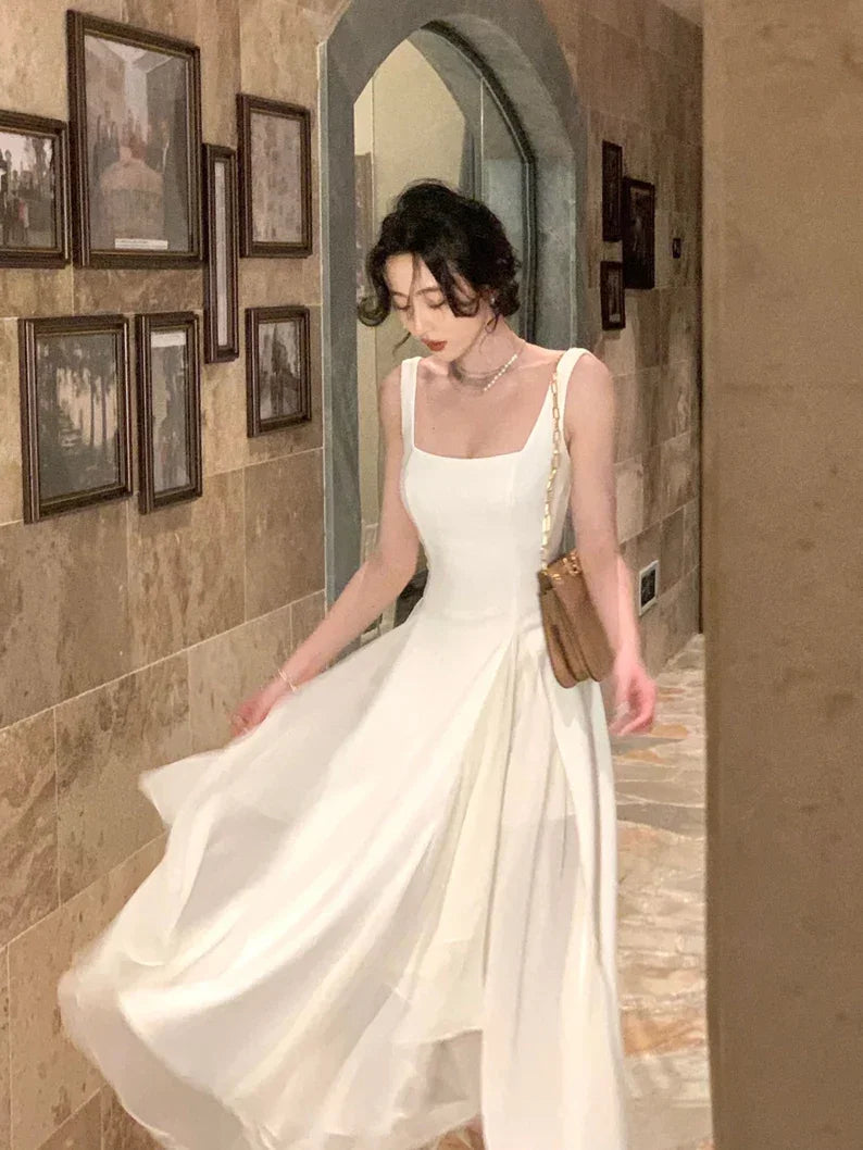 Vestidos Midi Brancos Elegantes com Folhos Vestido Novo de Verão para Noite Y4454