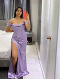 Simples lilás fora do ombro cetim vestido de noite fenda sereia vestido de baile y8309