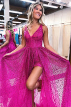 Vestido de fiesta formal de noche con escote en V profundo, abertura alta y lentejuelas brillantes Y1905