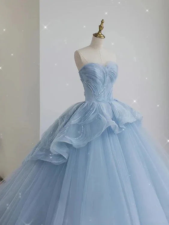 Vestido Princesa de Tule Azul Encantador com Decote Coração, Vestido de Baile Azul, Vestido de Fada Azul Y6472