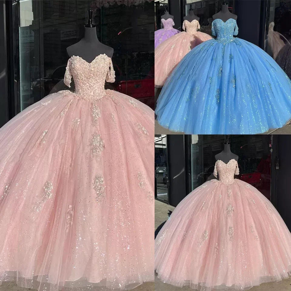 Vestidos de Quinceanera Rosa Claro com Ombros Descobertos Vestido de Baile Vestido Doce 16 Y2731
