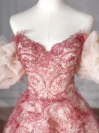Pretty Tulle Beaded Red A Line Off The Shoulder Prom Dress Evening Dress Formal Birthday Ball Gown Y8621