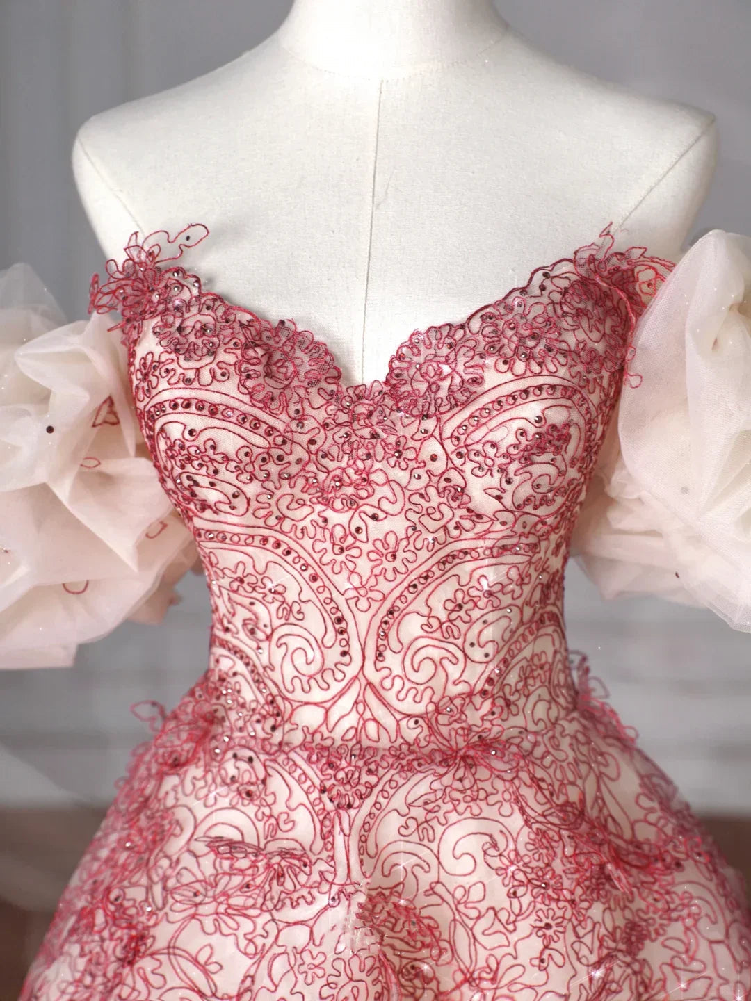 Pretty Tulle Beaded Red A Line Off The Shoulder Prom Dress Evening Dress Formal Birthday Ball Gown Y8621