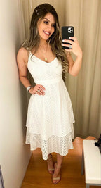Beautiful White A-line Midi-length Evening Dress White Beach Dress Y5459