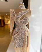 Abito da sera scintillante con paillettes, spacco laterale, monospalla con nappe, su misura Y6411