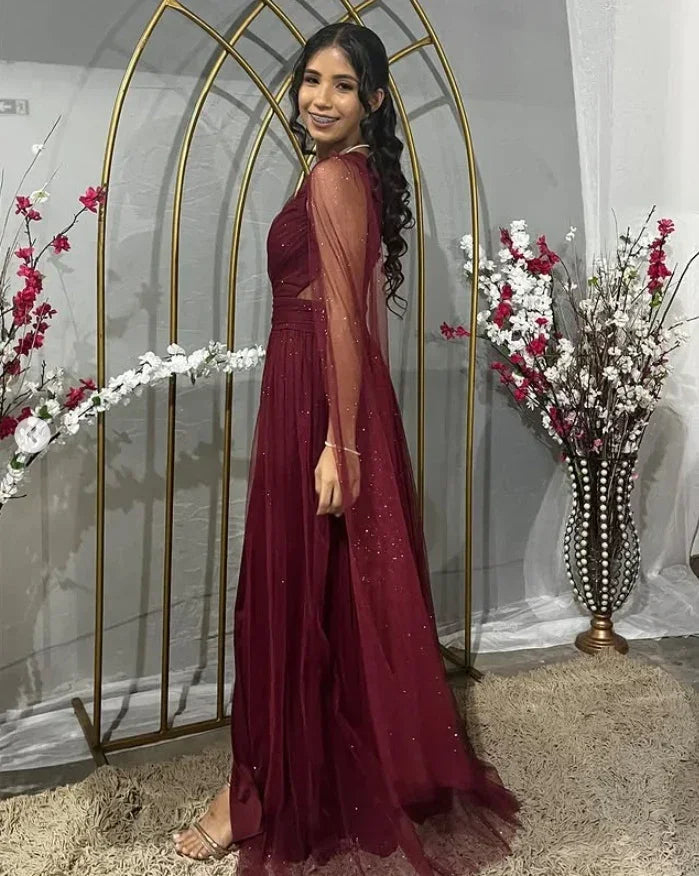 Vestido de noche burdeos bonito de un solo hombro con tul y lentejuelas, abertura, vestido de baile Y7826