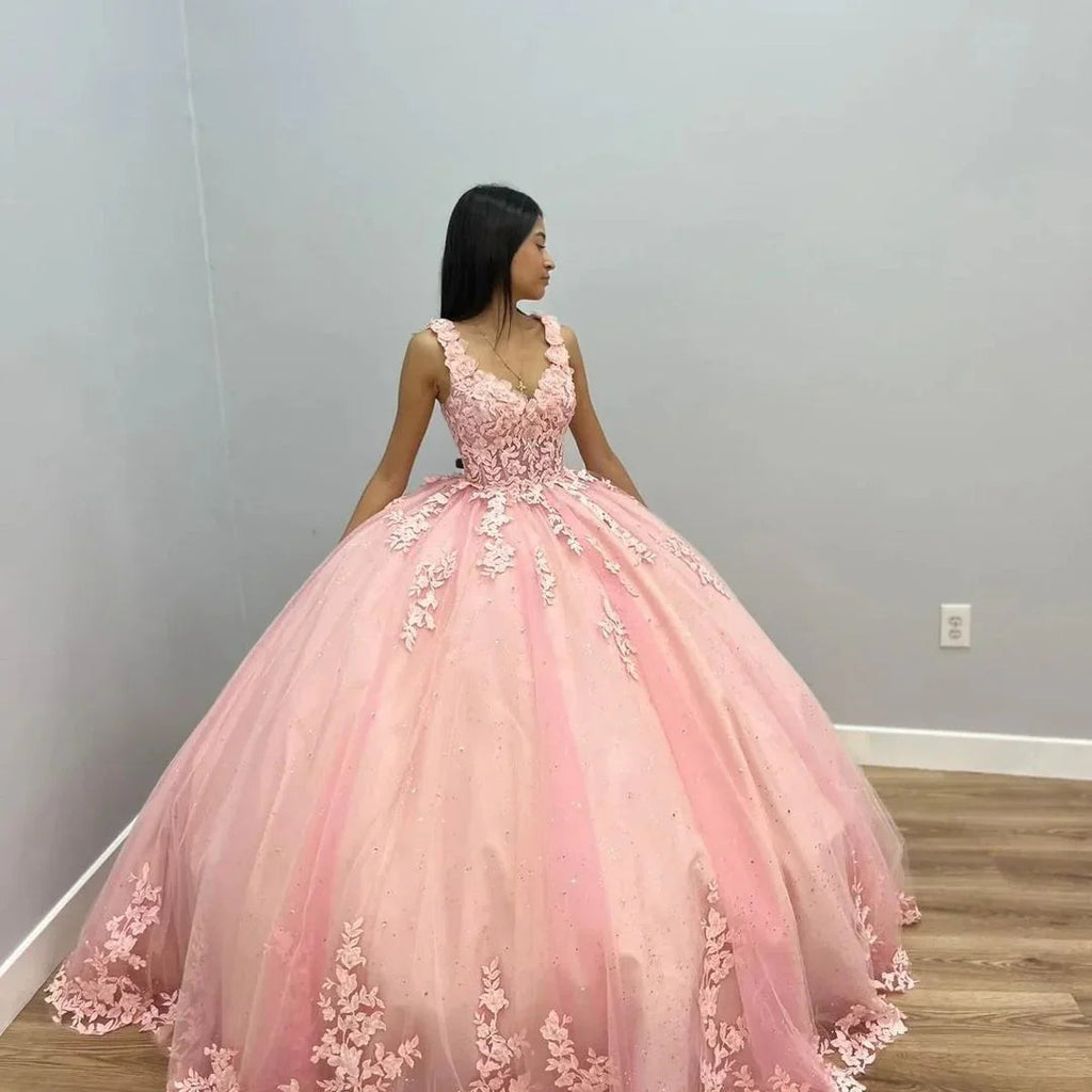 Vestidos cor-de-rosa para Quinceañera com Aplicações de Renda Vestido de Baile Mexicano para 15º Aniversário Y4675