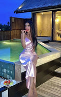 Robe de soirée élégante rose à fines bretelles et col en V, robe de soirée rose Y5663