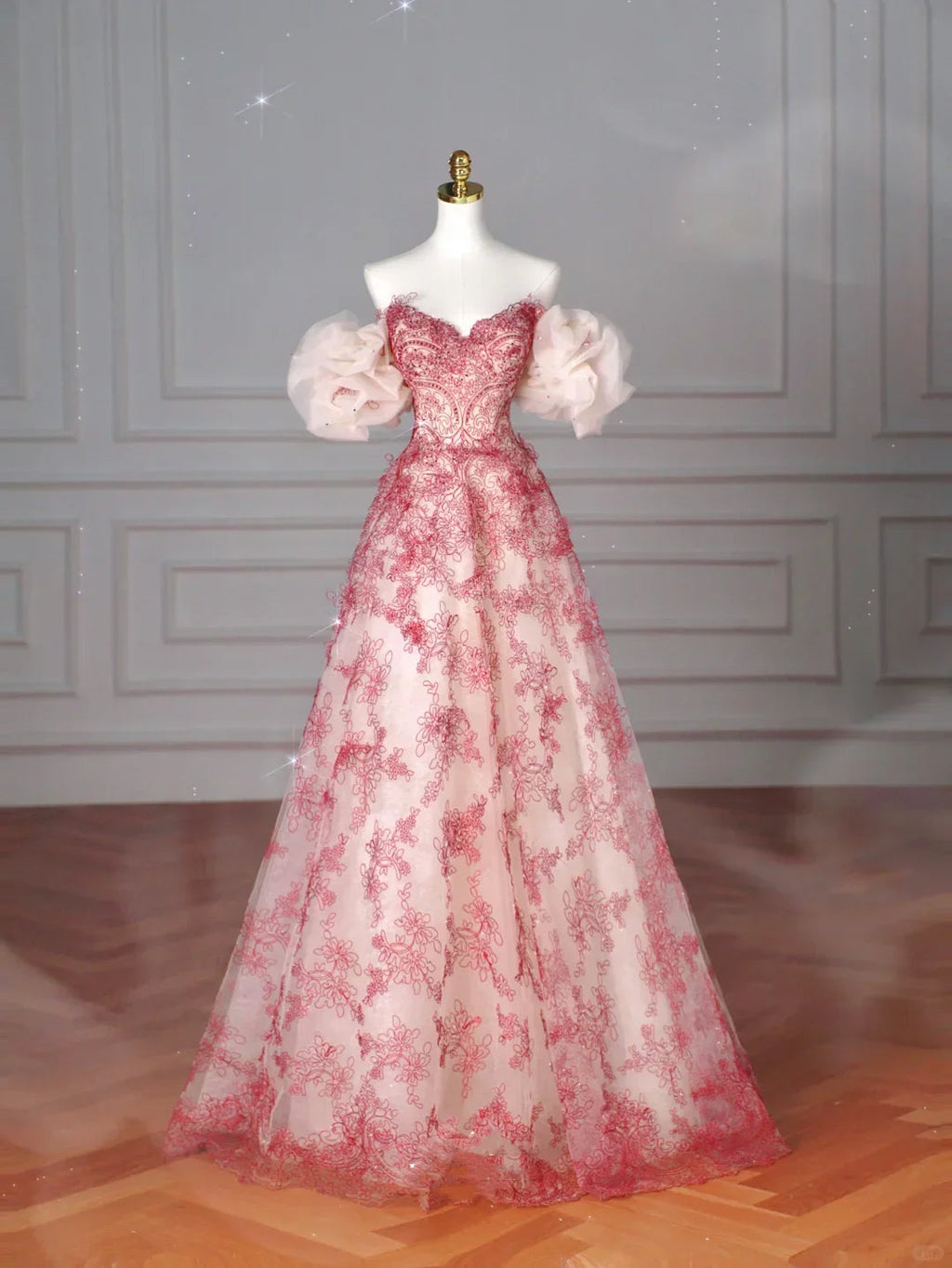 Pretty Tulle Beaded Red A Line Off The Shoulder Prom Dress Evening Dress Formal Birthday Ball Gown Y8621