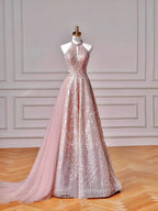 Vestido de Festa Cor-de-Rosa Brilhante com Alças, Lantejoulas e Tule, Corte em A, Modelo Y8608