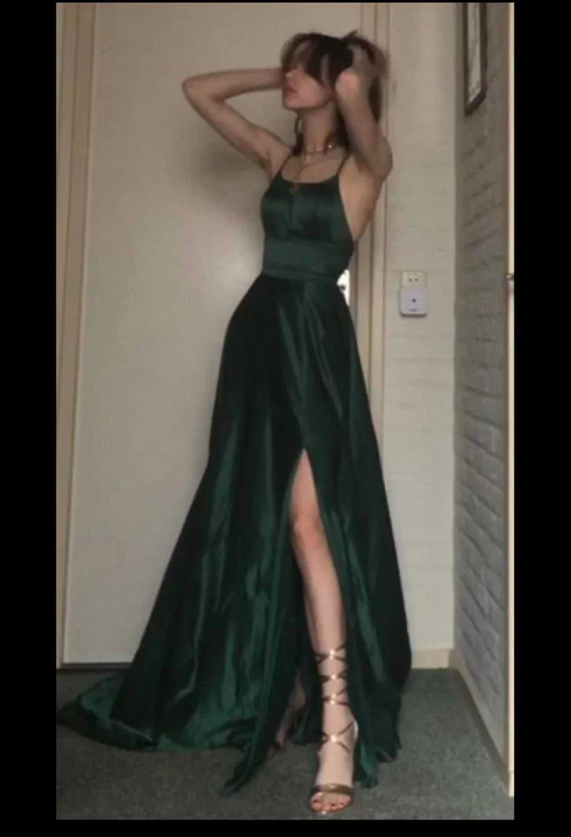 Vestido largo de satén para mujer con tirantes finos, línea A, formal para baile de graduación y noche Y4493
