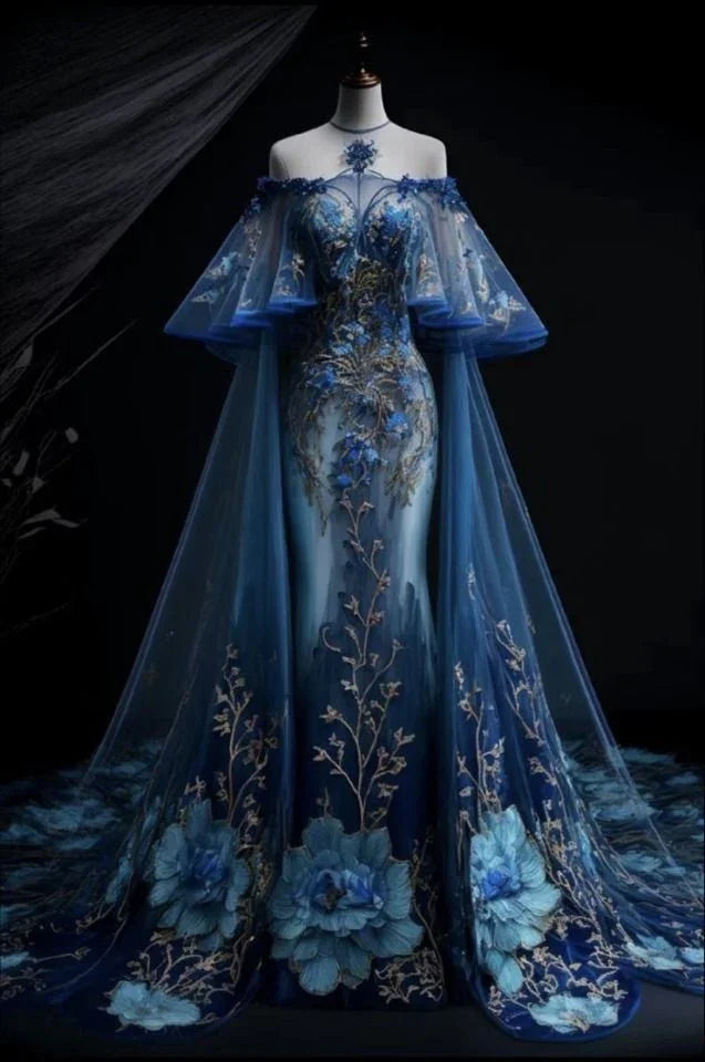 Vestido de Noite Formal Azul Marinho Deslumbrante com Ombros Descobertos e Cauda de Sereia para Baile Y8388