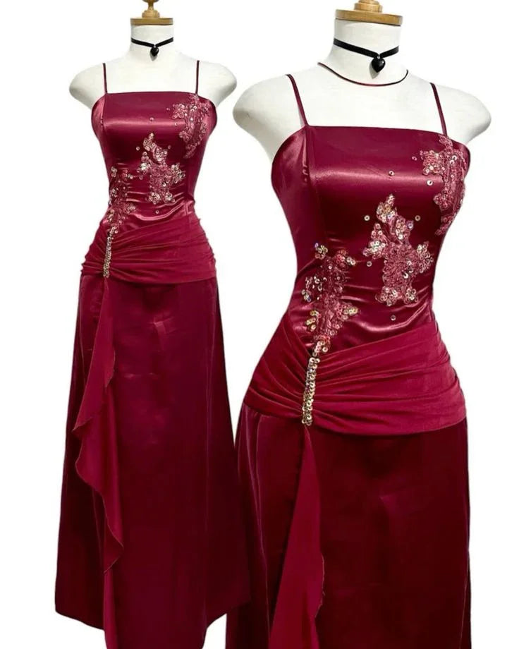 Vestido de fiesta y de noche vintage de gasa satinada burdeos con cuentas Y8448