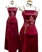 Vestido de fiesta y de noche vintage de gasa satinada burdeos con cuentas Y8448