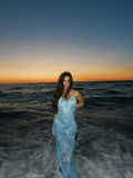 Vestido de Festa Azul Bonito em Chiffon com Estampa, Alças Finas, Decote em V, Modelo Y8258